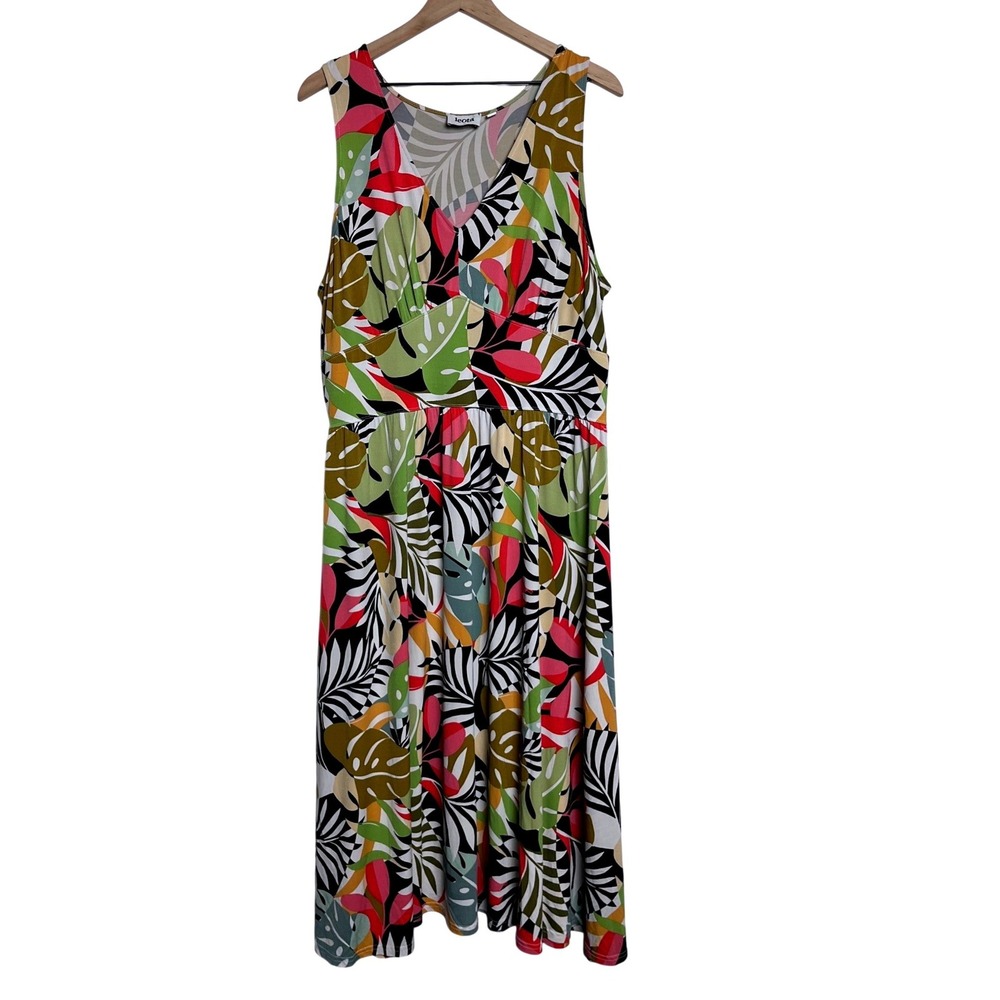 Leota Pucci Abstract Tropical Monstera Leaf Print Empire Waist Midi Dress 1X